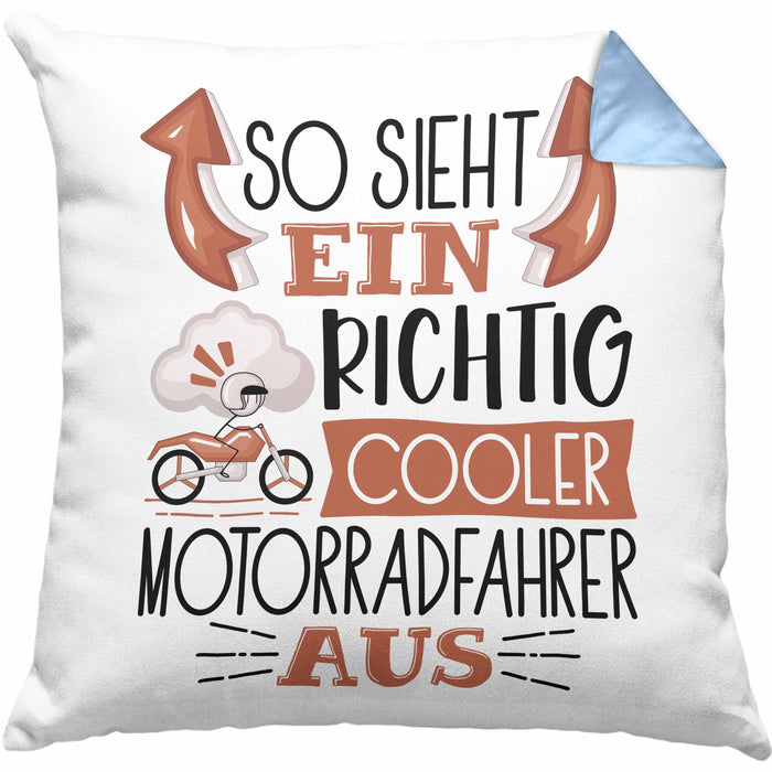 Motorradfahrer Kissen mit Füllung 40x40 Geschenk So Sieht Ein RIchtig Cooler Motorradfahrer Aus Geschenkidee Lustiger Spruch Geburtstag (Grau) Blau Trendation
