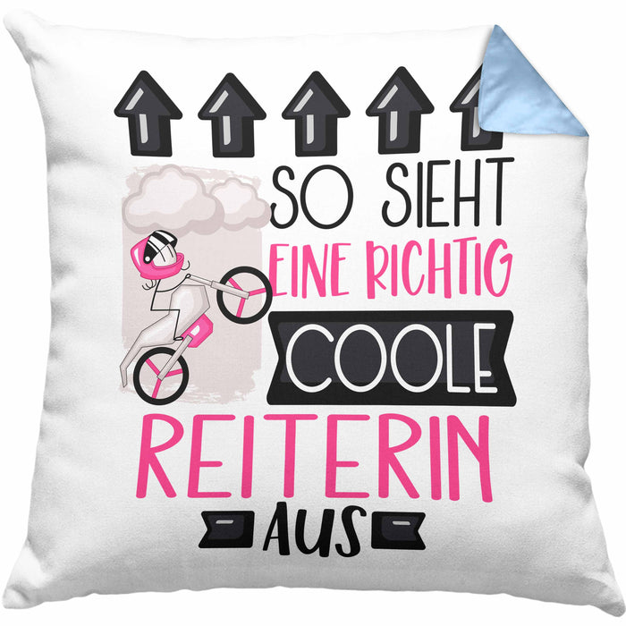 Reiterin Geschenk Kissen mit Füllung 40x40 Lustig Geschenkidee für Reiterin Geburtstag So Sieht Eine Richtig Coole Reiterin Aus Frauen Spruch (Grau) Blau Trendation