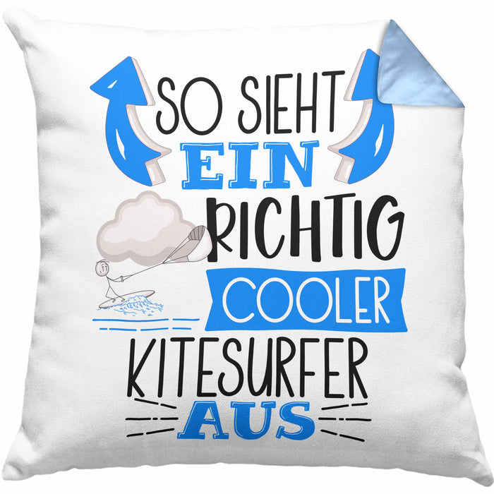 So Sieht Ein Richtig Cooler Kitesurfer Aus Geschenk Kissen mit Füllung 40x40 Lustiger Spruch Geschenkidee (Grau) Blau Trendation
