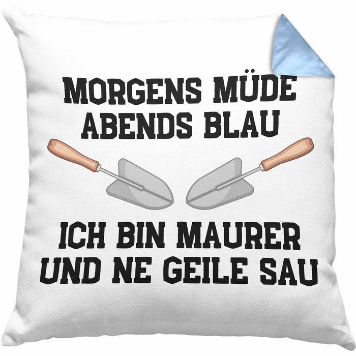 Maurer Kissen mit Füllung 40x40 Geschenk Mit Spruch Maurer Geschenkidee Lustig Männer (Grau) Blau Trendation