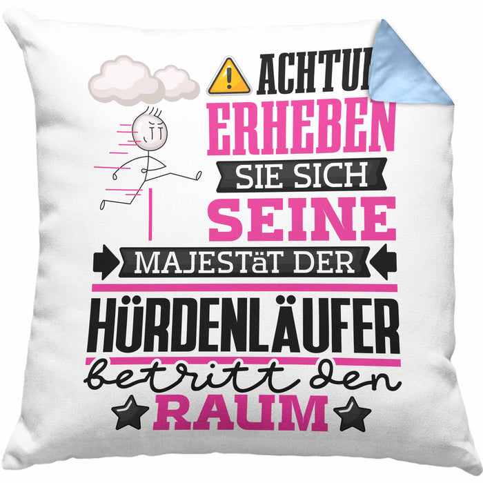 Hürdenläufer Geschenk Kissen mit Füllung 40x40 Lustiger Spruch Erheben Sie Sich Der Hürdenläufer Betritt den Raum (Grau) Blau Trendation