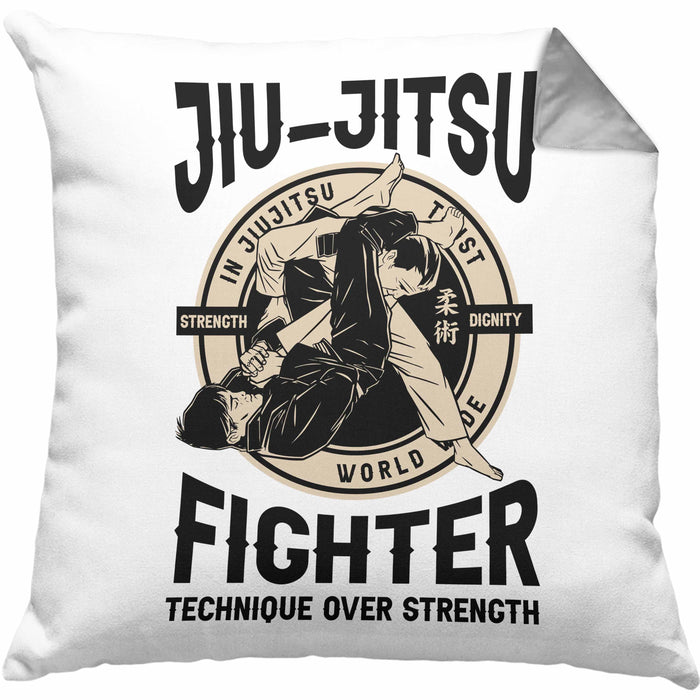 Jiu Jitsu Kissen mit Füllung 40x40 Geschenk für Kampfsportler Geschenkidee Technik über Stärke Spruch (Grau) Grau Trendation