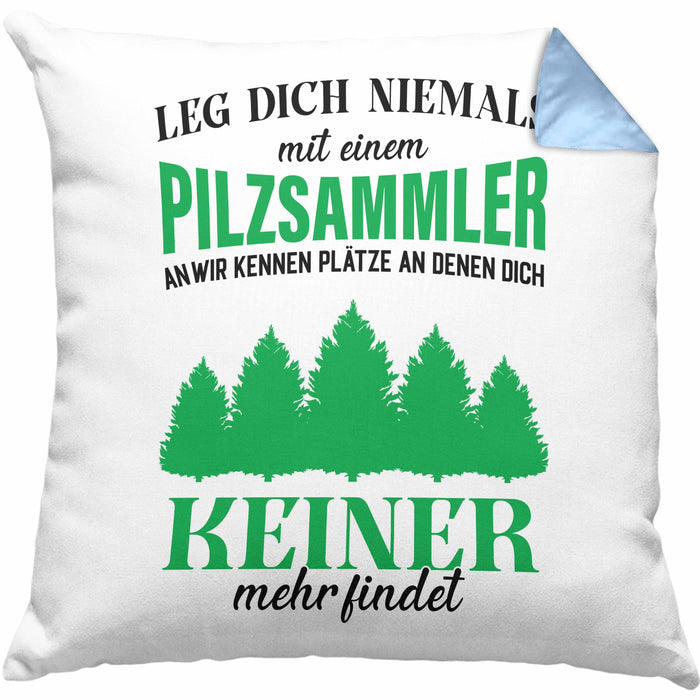 Pilzsammler Geschenk Kissen mit Füllung 40x40 Pilze Sammeln Geschenkidee Pilzsucher Pilzliebhaber Lustig (Grau) Blau Trendation