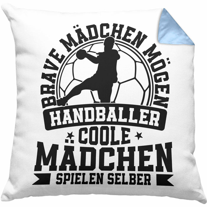 Mädchen Handball-Spielerin Kissen mit Füllung 40x40 Geschenk Spruch Echte Mädchen Spielen Handball Geschenkidee Frauen Brave Mädchen Mögen Handballer (Grau) Blau Trendation