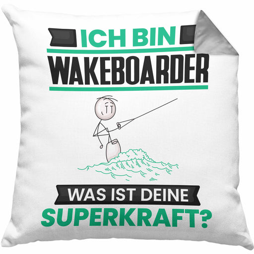 Wakeboarder Kissen mit Füllung 40x40 Geschenk für Wakeboarder Geburtstag Lustiger Spruch Was Ist Deine Superkraft (Grau) Grau Trendation