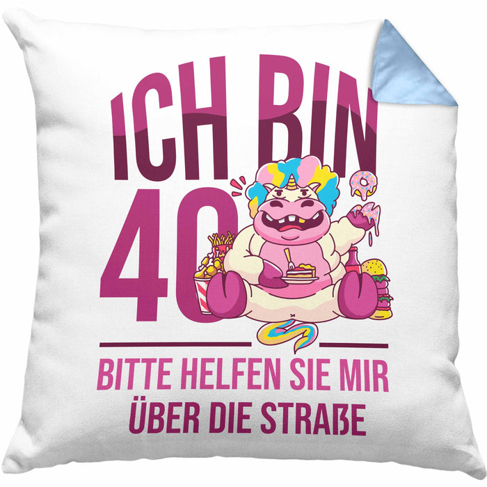 Lustige Kissen mit Füllung 40x40 zum 40. Geburtstag - Geschenkidee für Frauen Einhorn 40er Geburtstag (Grau) Blau Trendation