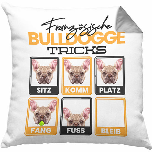 Französische Bulldogge Besitzer Kissen mit Füllung 40x40 Geschenk Lustiger Spruch Geschenkidee Französische Bulldogge Tricks Bleib (Grau) Grau Trendation
