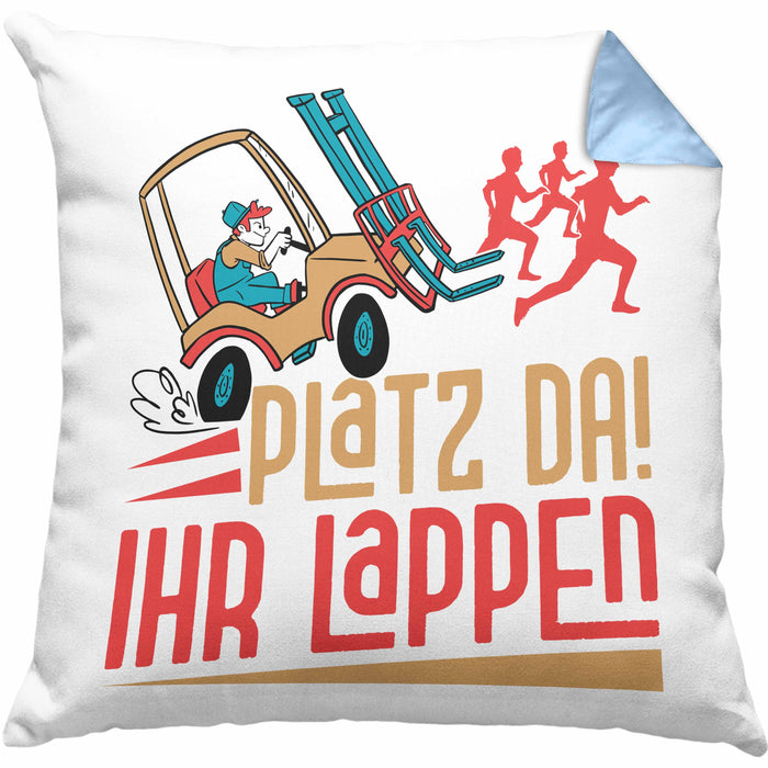 Gabelstapler Kissen mit Füllung 40x40 Geschenk Gabelstaplerfahrer Lagerist Geschenkidee Männer Platz Ihr Lappen Hupwagen Lager Geschenkidee (Grau) Blau Trendation