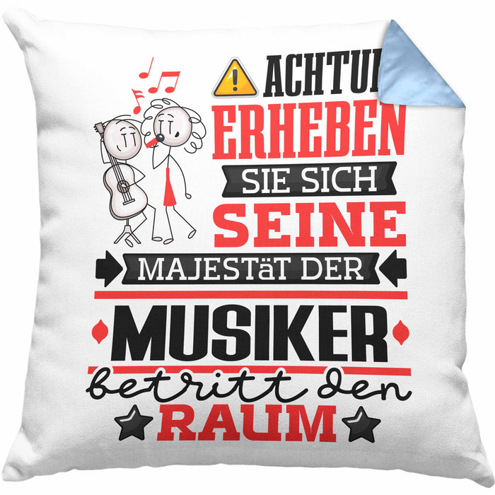 Musiker Geschenk Kissen mit Füllung 40x40 Lustiger Spruch Erheben Sie Sich Der Musiker Betritt den Raum (Grau) Blau Trendation