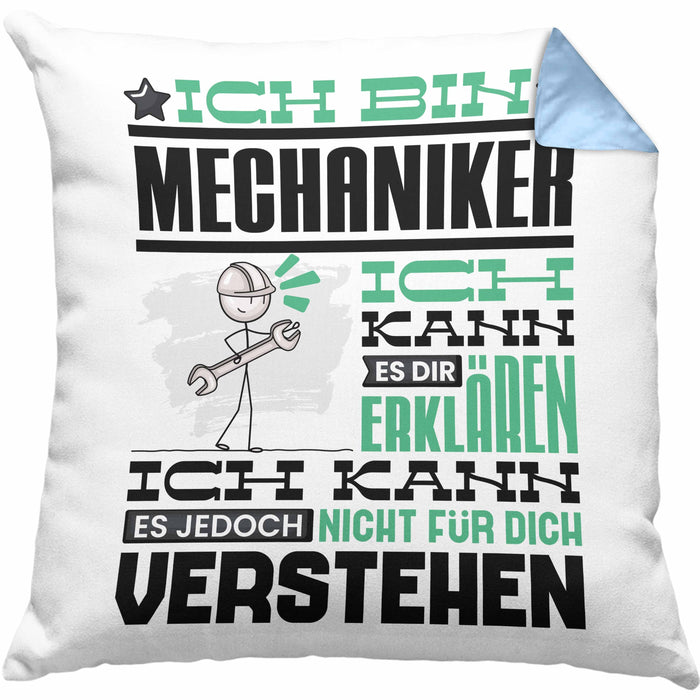 Mechaniker Geschenk Kissen mit Füllung 40x40 Geschenkidee für Mechaniker Geburtstag Lustiger Spruch Ich Bin Mechaniker Ich Kann Es Dir Erklären Aber Nicht Für Dich Verstehen (Grau) Blau Trendation