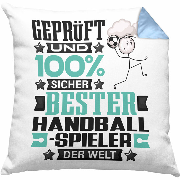 Handballspieler Geschenk Lustiger Spruch für Handballspieler Geschenkidee Bester Handballspieler Der WeltKissen mit Füllung 40x40 (Grau) Blau Trendation
