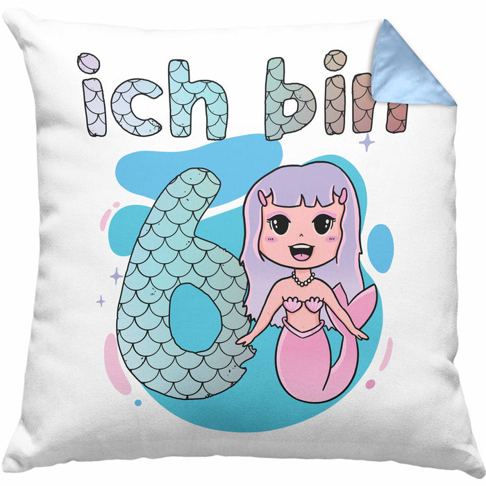 6. Geburtstag Mädchen Geschenk Meerjungfrau Geschenk Kissen mit Füllung 40x40 für Mädchen Nymphe Nixe Grafik (Grau) Blau Trendation