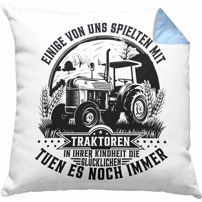Bauer Landwirt Geschenk Kissen mit Füllung 40x40 Einige Von Uns Spielten Mit Traktoren Geschenkidee Jungs (Grau) Blau Trendation