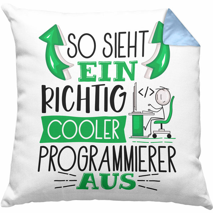 Programmierer Kissen mit Füllung 40x40 Geschenk So Sieht Ein RIchtig Cooler Programmierer Aus Geschenkidee Lustiger Spruch Geburtstag (Grau) Blau Trendation