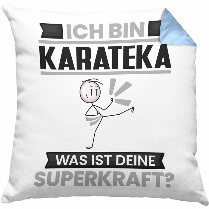 Karateka Kissen mit Füllung 40x40 Geschenk für Karateka Geburtstag Lustiger Spruch Was Ist Deine Superkraft (Grau) Blau Trendation