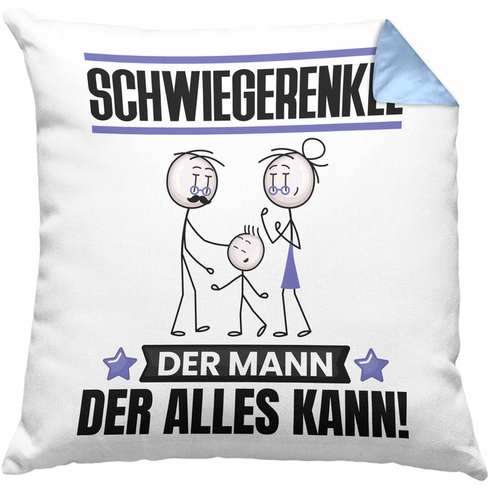 Schwiegerenkel Kissen mit Füllung 40x40 Geschenk für Schwiegerenkel Der Mann Der Alles Kann Geschenkidee zum Geburtstag (Grau) Blau Trendation