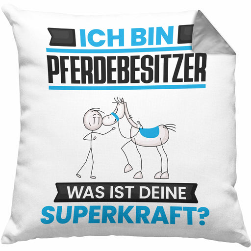 Pferdebesitzer Kissen mit Füllung 40x40 Geschenk für Pferdebesitzer Geburtstag Lustiger Spruch Was Ist Deine Superkraft (Grau) Grau Trendation