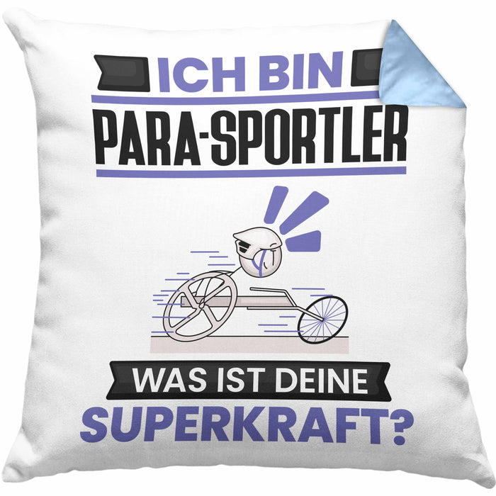 Para-Sportler Kissen mit Füllung 40x40 Geschenk für Para-Sportler Geburtstag Lustiger Spruch Was Ist Deine Superkraft (Grau) Blau Trendation