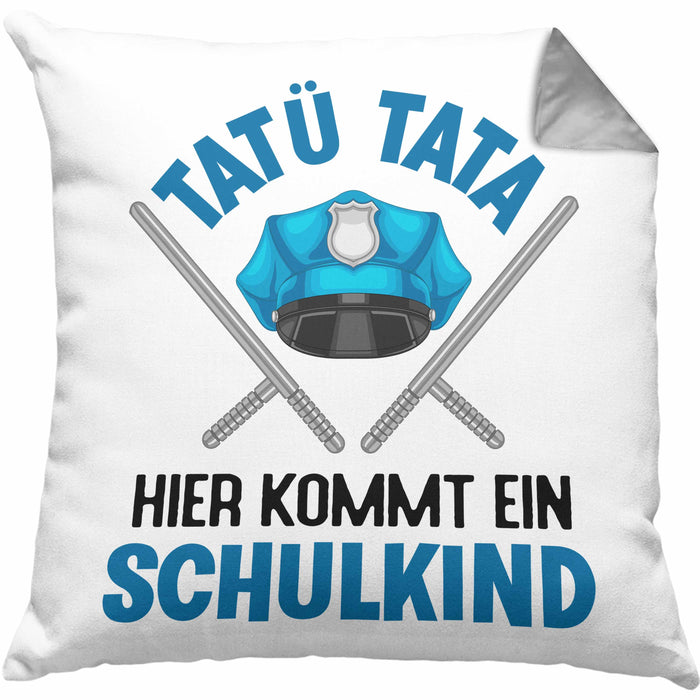 Einschulung Junge Tatü Tata Schulkind Geschenk für Schultüte Füllung Kissen mit Füllung 40x40 Schulstart 1. Schultag Schuleinführung Schulanfang Geschenkidee 2024 (Grau) Grau Trendation