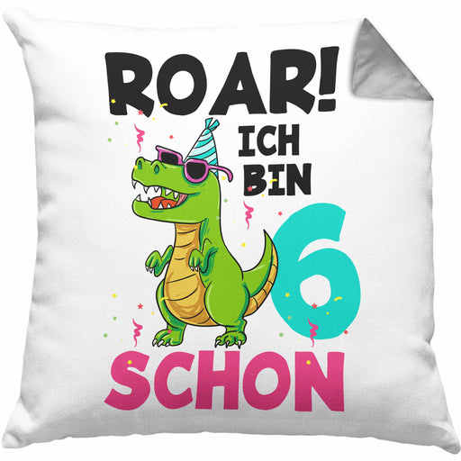 6. Geburtstag Kissen mit Füllung 40x40 Geschenk Lustiger Spruch Roar Ich Bin Schon 6 Dinosaurier Geschenkidee Geburtstag (Grau) Grau Trendation