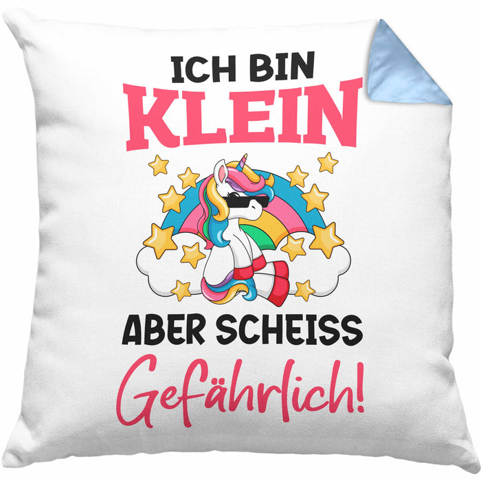 Klein Aber Sch Gefährlich Lustige Einhorn Kissen mit Füllung 40x40 mit Spruch Geschenkidee Einhornfans Sprüche Frauen (Grau) Blau Trendation