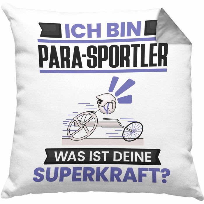 Para-Sportler Kissen mit Füllung 40x40 Geschenk für Para-Sportler Geburtstag Lustiger Spruch Was Ist Deine Superkraft (Grau) Grau Trendation