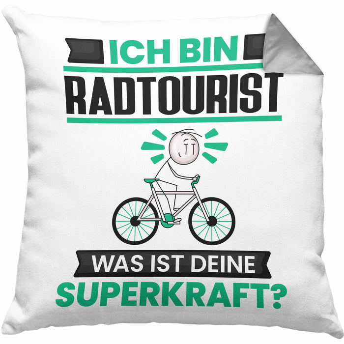 Radtourist Kissen mit Füllung 40x40 Geschenk für Radtourist Geburtstag Lustiger Spruch Was Ist Deine Superkraft (Grau) Grau Trendation