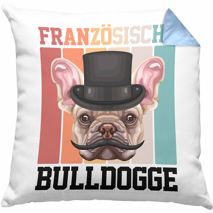 Französische Bulldogge Besitzer Kissen mit Füllung 40x40 Geschenk Lustiger Spruch Geschenkidee Retro Vinatge Französische Bulldogge (Grau) Blau Trendation