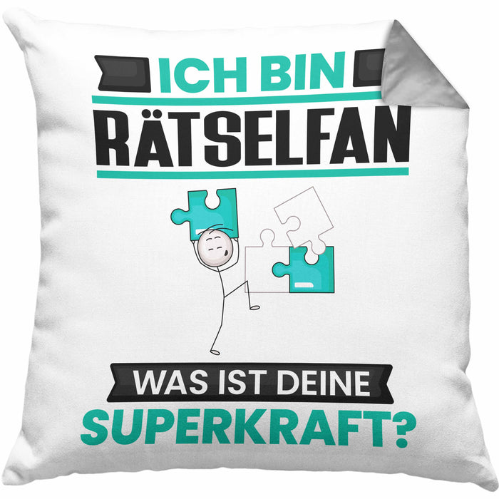 Rätselfan Kissen mit Füllung 40x40 Geschenk für Rätselfan Geburtstag Lustiger Spruch Was Ist Deine Superkraft (Grau) Grau Trendation