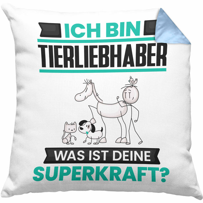 Tierwohlhaber Kissen mit Füllung 40x40 Geschenk für Tierwohlhaber Geburtstag Lustiger Spruch Was Ist Deine Superkraft (Grau) Blau Trendation