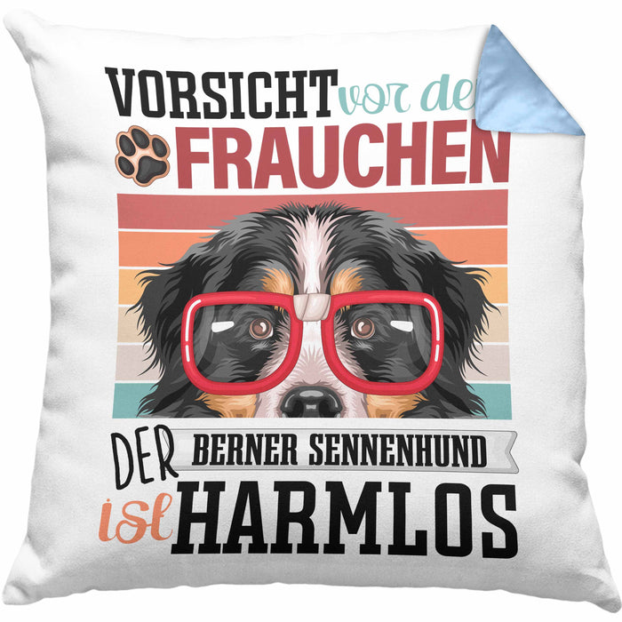 Berner Sennen Besitzerin Frauchen Kissen mit Füllung 40x40 Geschenk Lustiger Spruch Geschenkidee Vorsicht Vor Dem Frauchen (Grau) Blau Trendation
