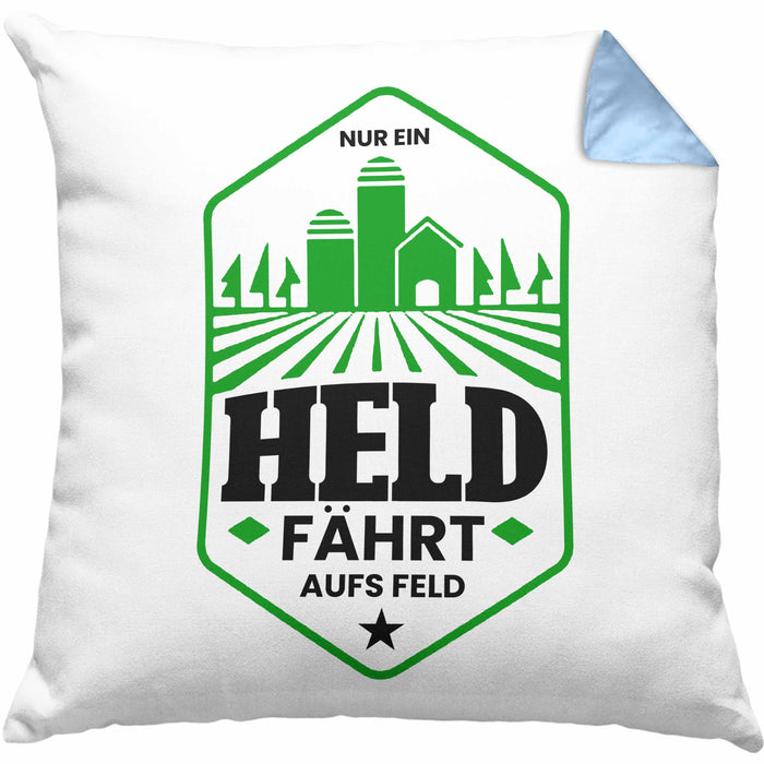 Lustige Kissen mit Füllung 40x40 für Landwirte Bauern Geschenk Spruch Nur Ein Held Fährt Aufs Feld (Grau) Blau Trendation