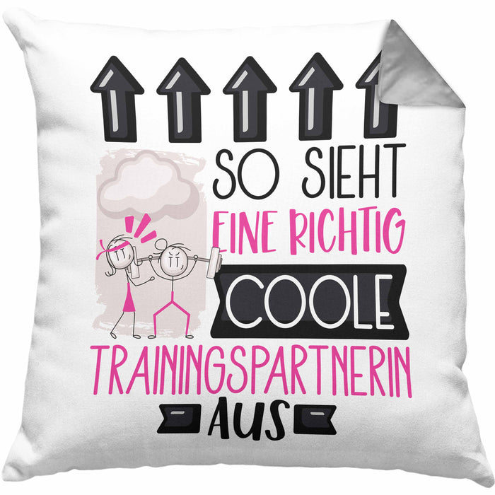 Trainingspartnerin Geschenk Kissen mit Füllung 40x40 Lustig Geschenkidee für Trainingspartnerin Geburtstag So Sieht Eine Richtig Coole Trainingspartnerin Aus Frauen Spruch (Grau) Grau Trendation
