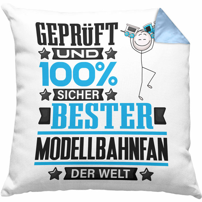 Modellbahnfan Geschenk Lustiger Spruch für Modellbahnfan Geschenkidee Bester Modellbahnfan Der WeltKissen mit Füllung 40x40 (Grau) Blau Trendation