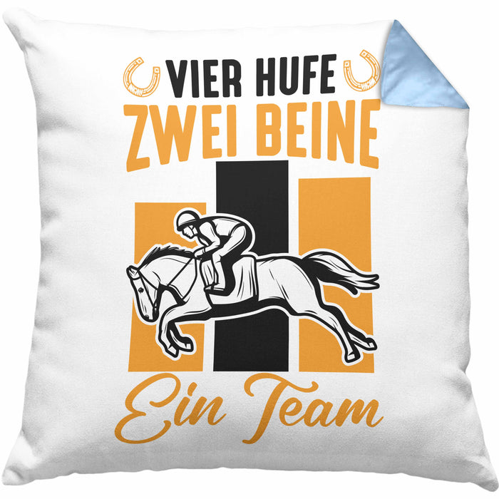 Reiterin Pferd Kissen mit Füllung 40x40 Geschenk Team Vier Hufe Zwei Beine Ein Team Pferde-Liebhaberin Geschenk (Grau) Blau Trendation
