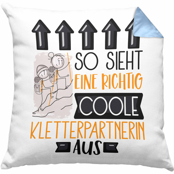 Kletterpartnerin Geschenk Kissen mit Füllung 40x40 Lustig Geschenkidee für Kletterpartnerin Geburtstag So Sieht Eine Richtig Coole Kletterpartnerin Aus Frauen Spruch (Grau) Blau Trendation