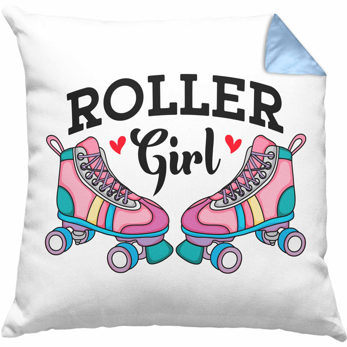 Rollschuh Kissen mit Füllung 40x40 Geschenk für Roller Girls "Roller Girl" Nostalgie 80er 90er Jahre (Grau) Blau Trendation