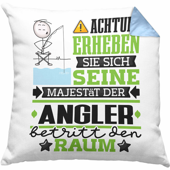 Angler Geschenk Kissen mit Füllung 40x40 Lustiger Spruch Erheben Sie Sich Der Angler Betritt den Raum (Grau) Blau Trendation