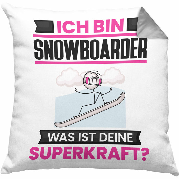 Snowboarder Kissen mit Füllung 40x40 Geschenk für Snowboarder Geburtstag Lustiger Spruch Was Ist Deine Superkraft (Grau) Grau Trendation