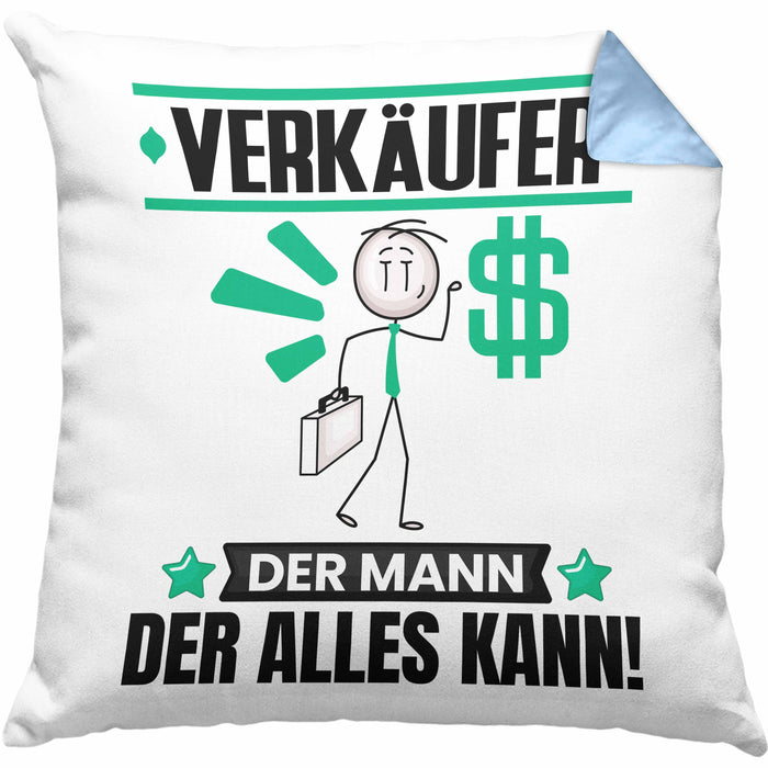 Verkäufer Kissen mit Füllung 40x40 Geschenk für Verkäufer Der Mann Der Alles Kann Geschenkidee zum Geburtstag (Grau) Blau Trendation