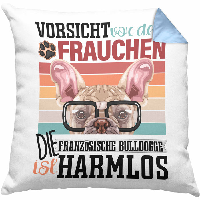 Französische Bulldogge Besitzerin Frauchen Kissen mit Füllung 40x40 Geschenk Lustiger Spruch Geschenkidee Vorsicht Vor Dem Frauchen (Grau) Blau Trendation