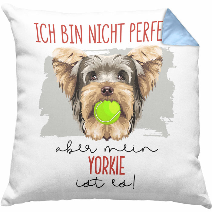 Yorkie Besitzer Kissen mit Füllung 40x40 Geschenk Lustiger Spruch Geschenkidee Besitzerin Ich Bin Nicht toll Aber Mein Yorkie Ist Es (Grau) Blau Trendation