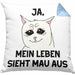 Dank Meme Kissen mit Füllung 40x40 Katzen Besitzer Wortspiel Ja Mein Leben Sieht Mau Aus Traurige Katze Geschenkidee (Grau) Blau Trendation