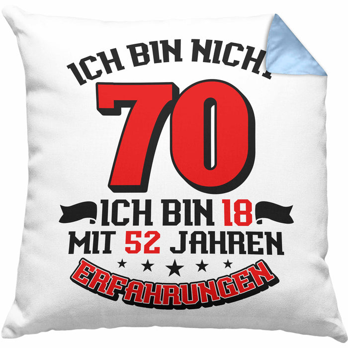 Kissen mit Füllung 40x40 70. Geburtstag Geschenkidee für Männer Frauen Spruch 70 Jahre 18 mit 52 Jahre Erfahrungen (Grau) Blau Trendation