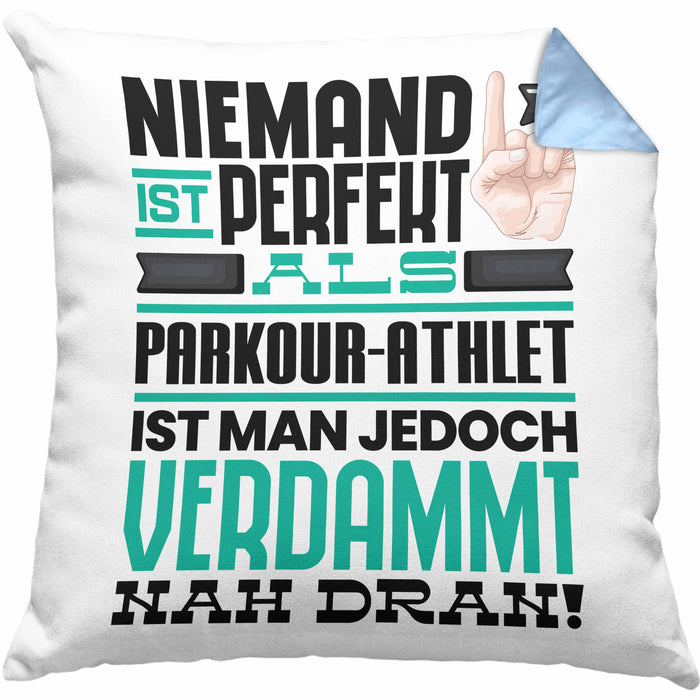 Parkour-Athlet Geschenk Kissen mit Füllung 40x40 Lustige Geschenkidee für Parkour-Athlet Geburtstag Niemand Ist Perfekt Aber Als Parkour-Athlet Ist Man Nah Dran (Grau) Blau Trendation