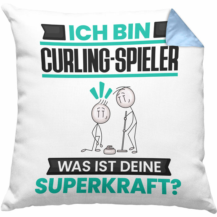 Curling-Spieler Kissen mit Füllung 40x40 Geschenk für Curling-Spieler Geburtstag Lustiger Spruch Was Ist Deine Superkraft (Grau) Blau Trendation