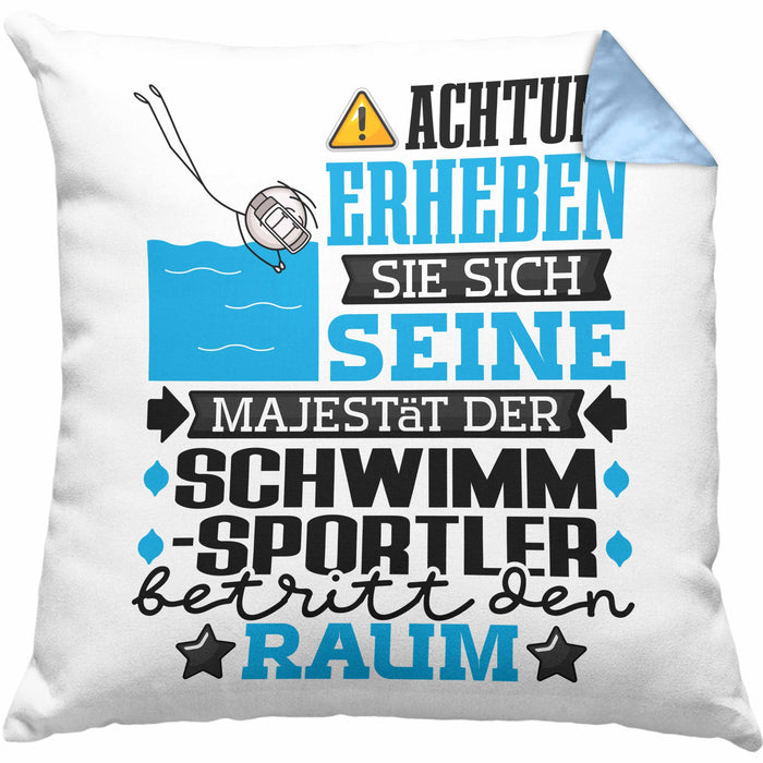 Schwimmsportler Geschenk Kissen mit Füllung 40x40 Lustiger Spruch Erheben Sie Sich Der Schwimmsportler Betritt den Raum (Grau) Blau Trendation
