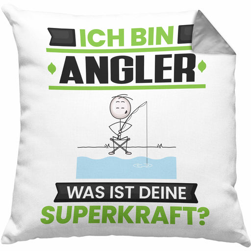 Angler Kissen mit Füllung 40x40 Geschenk für Angler Geburtstag Lustiger Spruch Was Ist Deine Superkraft (Grau) Grau Trendation