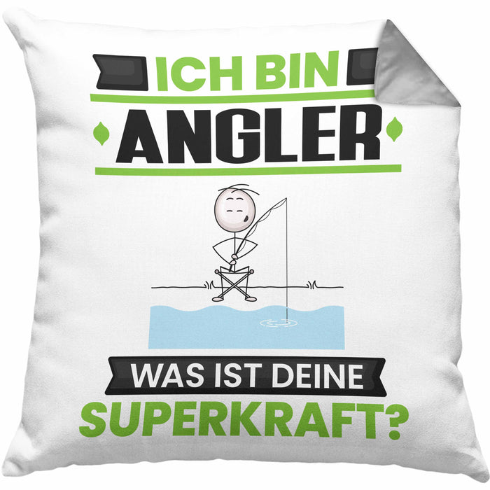 Angler Kissen mit Füllung 40x40 Geschenk für Angler Geburtstag Lustiger Spruch Was Ist Deine Superkraft (Grau) Grau Trendation