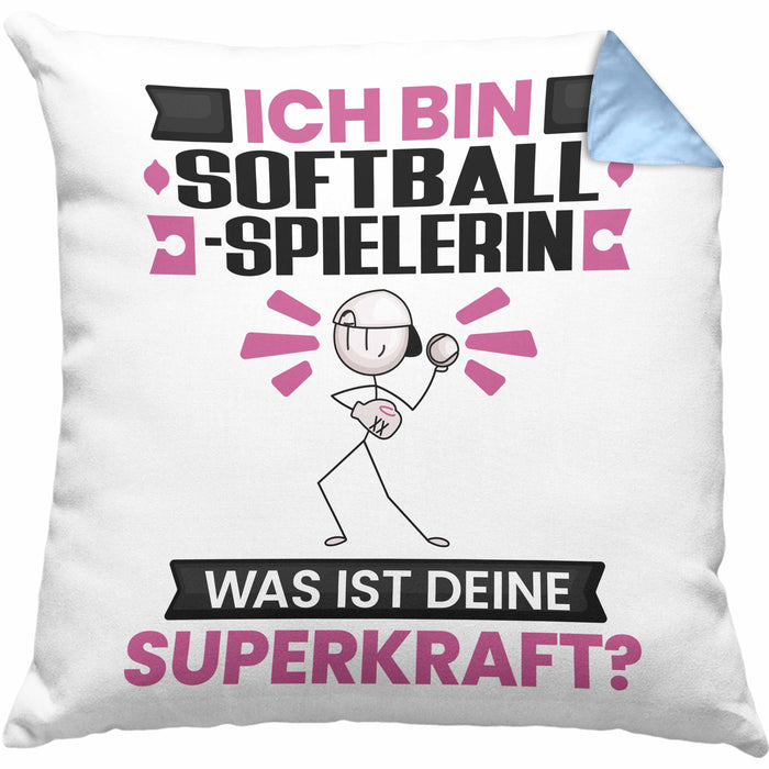 Softballspielerin Kissen mit Füllung 40x40 Geschenk für Softballspielerin Geburtstag Lustiger Spruch Was Ist Deine Superkraft (Grau) Blau Trendation